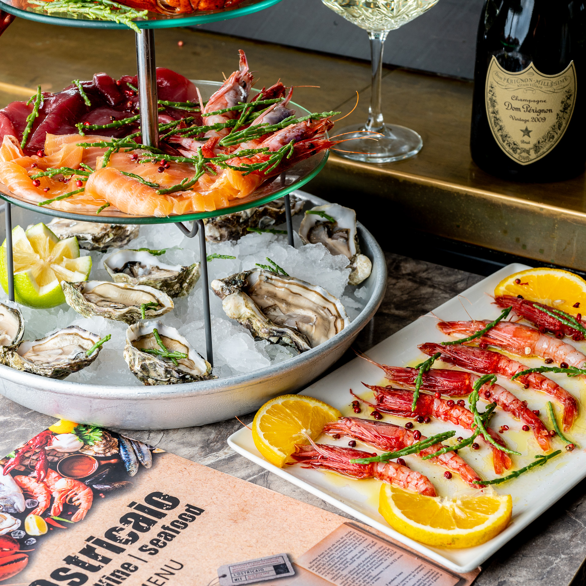 Fresh seafood tower with oysters and prawns